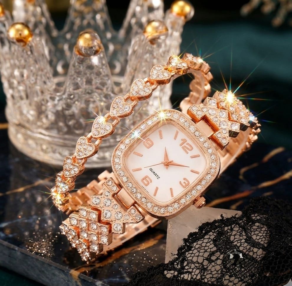 Luxury Rhinestone Women’s Watch Set – Round Dial with Stainless Steel Crystal Chain Strap & Bracelet (2 PCS Gift Set)