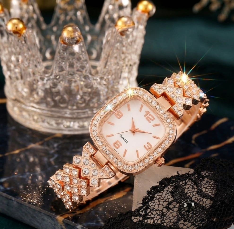 Luxury Rhinestone Women’s Watch Set – Round Dial with Stainless Steel Crystal Chain Strap & Bracelet (2 PCS Gift Set)