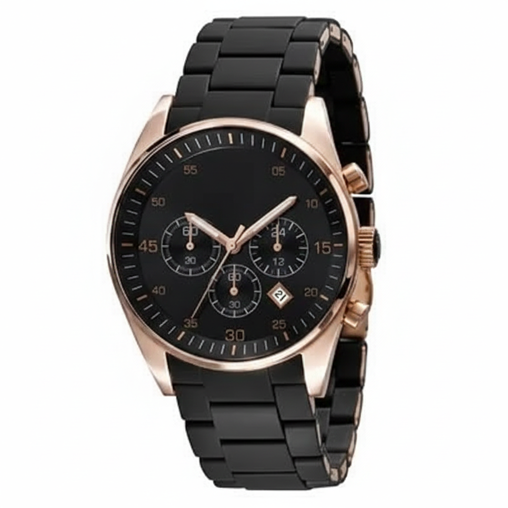 Premium Analog Men's Watch in Black Dial Chronograph With Date Display and Rubber Chain Strap | Golden Boys Fashion Casual Wristwatch - Free Delivery